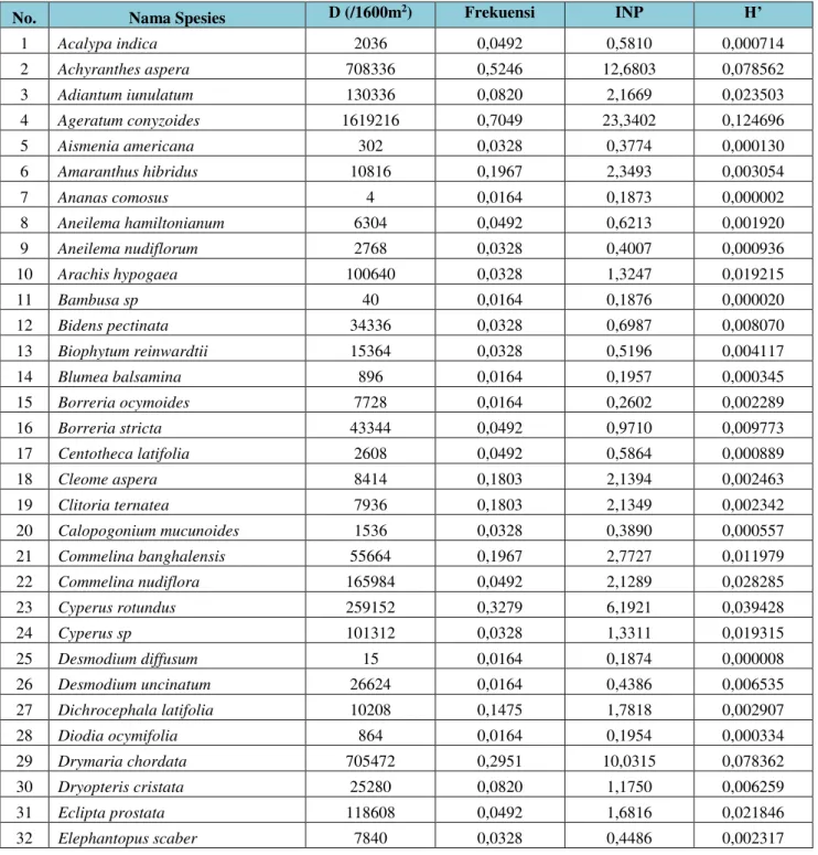 Tabel 4. Daftar Spesies Vegetasi Penutup Lantai (LCC) dan Analisis Kuantitatif 