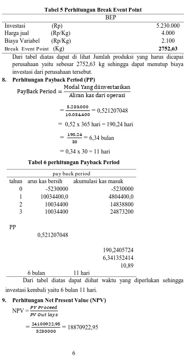 Tabel 5 Perhitungan Break Event Point BEP 