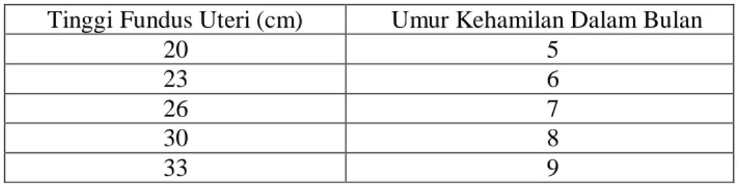 Tabel 2.1 : Pengukuran Tinggi Fundus Uteri Menggunakan Pita Ukuran 
