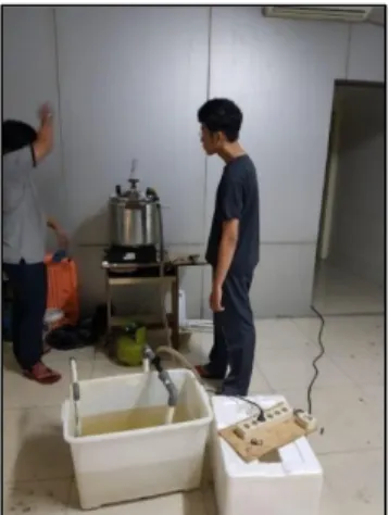 Gambar 5. Pendidihan nira cair pada panci vacuum evaporator di Lab Rekayasa EBT  A.  Pengujian pertama 