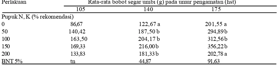 Tabel 8.  Rata-rata bobot umbi/ tanaman talas pada lima dosis pemupukan N,K (% rekomendasi)  pada umur105,140  dan 175 hst