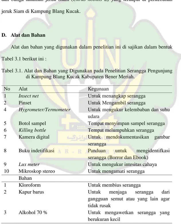 Tabel 3.1. Alat dan Bahan yang Digunakan pada Penelitian Serangga Pengunjung    di Kampung Blang Kucak Kabupaten Bener Meriah