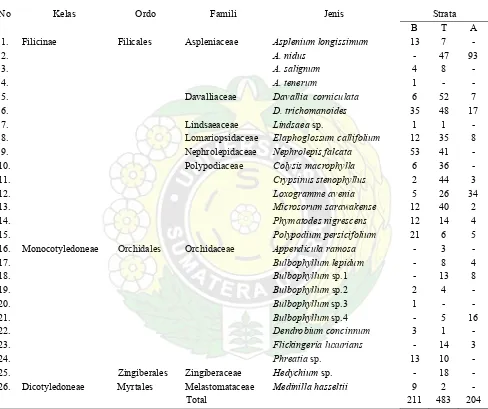 Tabel 1. Jenis-jenis makroepifit di Hutan Telaga Taman Nasional Gunung Leuser Kabupaten Langkat      