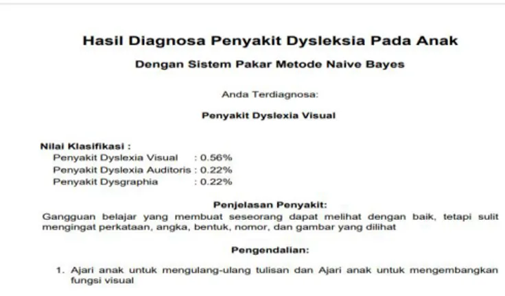 Gambar 13.Laporan Hasil Diagnosa Penyakit Dyslexia 