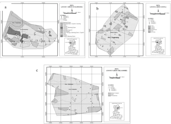 Gambar 1. Struktur lansekap pertanian DAS Cianjur di bagian hulu (a), tengah (b), hilir (c)