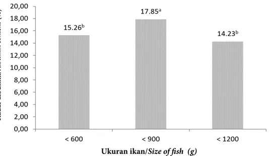 Gambar 2 Kadar albumin ekstrak protein ikan gabus dengan ukuran ikan yang berbeda.  (Figure 2 Albumin content of fish protein extract snakehead with different size)