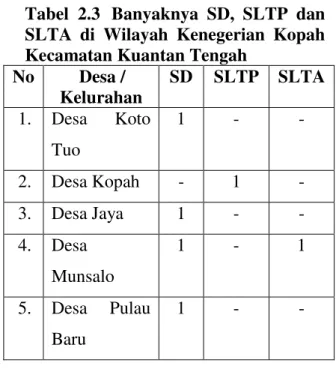 Tabel  2.3  Banyaknya  SD,  SLTP  dan  SLTA  di  Wilayah  Kenegerian  Kopah  Kecamatan Kuantan Tengah 