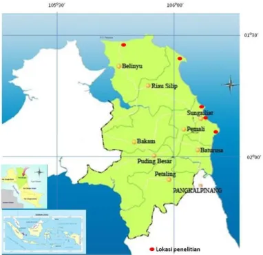 Gambar 1 Lokasi penelitian (digambar ulang dari Peta Kabupaten Bangka yang diterbitkan oleh       Pemerintah Kabupaten Bangka tahun 2015) 