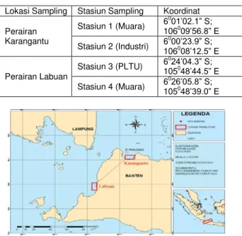 Tabel 1. Koordinat lokasi pengambilan sampel  Lokasi Sampling  Stasiun Sampling  Koordinat  Perairan  Karangantu  Stasiun 1 (Muara)   6 0 ¶ ´ 61060¶ ´ (  Stasiun 2 (Industri)  6 0 ¶ ´ 6 106 0 ¶ ´ (  Perairan Labuan  Stasiun 3 (PLTU)  6 0 ¶ ´ 61050¶ ´ (  St