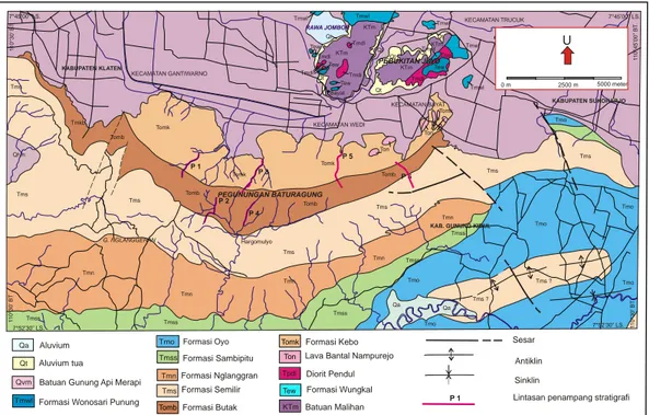 Gambar 2. Peta geologi Pegunungan Baturagung dan Perbukitan Jiwo serta lokasi pengukuran penampang stratigrafi P1 - 6