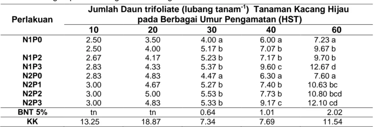 Tabel 3 Rerata Jumlah Daun trifoliate pada Waktu Penyiangan dan Berbagai Taraf Pupuk    Nitrogen pada Berbagai Umur Pengamatan 
