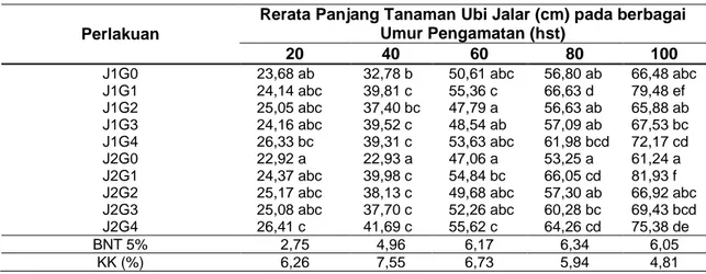 Tabel  2  Rerata  panjang  tanaman  ubi  jalar  pada  berbagai  kombinasi  jarak  tanam  dan     metode 