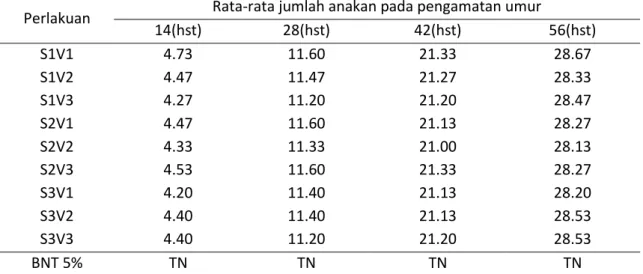 Tabel 3. Rata-rata jumlah  anakan padi pada umur 14 hst, 28 hst, 42 hst, dan 56 hst  Perlakuan  Rata-rata jumlah anakan pada pengamatan umur 