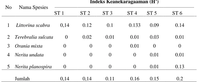 Tabel 5. Indeks Keanekaragaman (H’) Jenis Gastropoda masing-masing Stasiun Penelitian