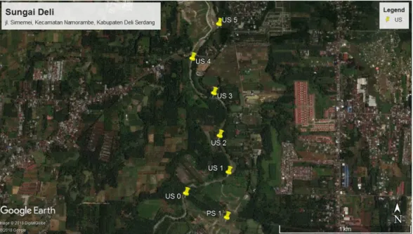 Gambar 3.2 Peta Koordinat Titik Lokasi Sampling US-0 sampai dengan US-6 di Segmen  Hulu (Up Stream) Sungai Deli, Provinsi Sumatera Utara 