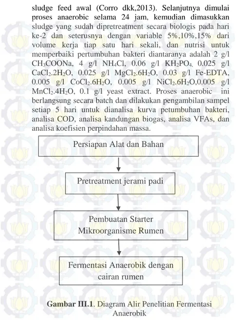 Gambar III.1. Diagram Alir Penelitian Fermentasi  Anaerobik  Analisa Proses Anaerobik :  VS, TS, Biogas (CH 4 , H2, CO2), VFas, kurva pertumbuhan bakteri Persiapan Alat dan Bahan 