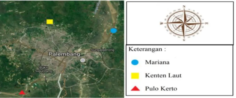 Gambar 1. Lokasi pengambilan sampel  Seluang di Aliran Sungai Musi  Dari  peta  lokasi  dapat  dilihat  3 