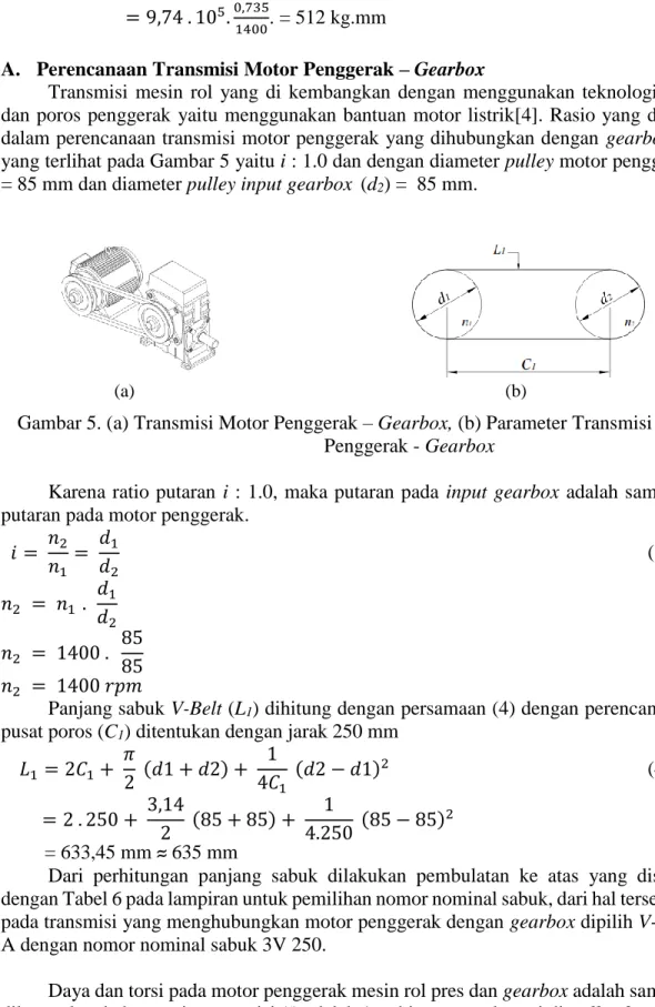 Gambar 5. (a) Transmisi Motor Penggerak – Gearbox, (b) Parameter Transmisi Motor  Penggerak - Gearbox 