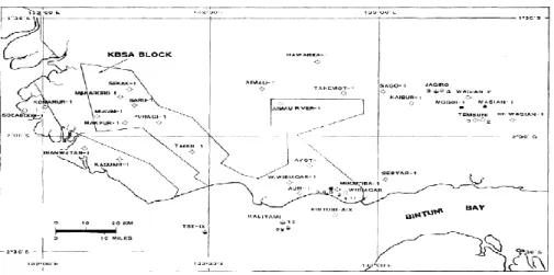 Gambar 1. Peta Blok KBSA termasuk Lapangan RG di dalamnya (Dolan, Hermany, 1988  Menurut Utomo, dkk (2015), batugamping Formasi Kais terdiri atas 3 bagian, Kais Atas,  Kais  Tengah  dan  Kais  Bawah,  masing-masing  dipisahkan  oleh  lempung  napalan  (sha