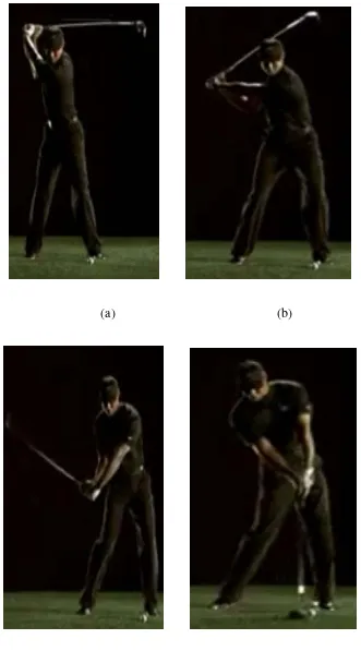 Gambar 2.6 pemodelan ayunan pukulan (a) pada awal downswing, (b) pada titik rilis, (c) setelah melepaskan club dan (d) pada saat terjadi impak 