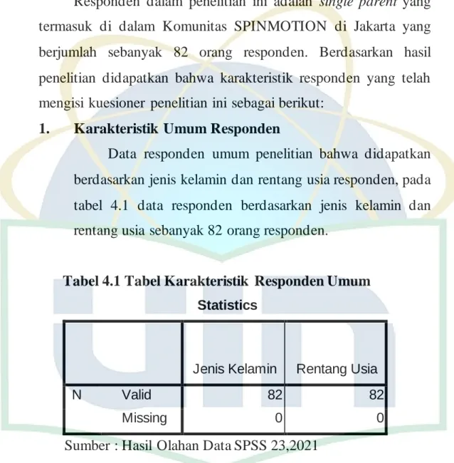 Tabel 4.1 Tabel Karakteristik  Responden Umum  Statistics 