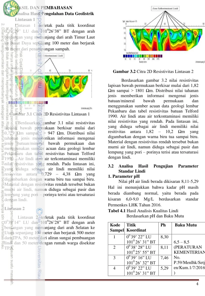 Gambar 3.2 Citra 2D Resistivitas Lintasan 2  Berdasarkan  gambar  3.2  nilai  resistivitas  lapisan bawah permukaan berkisar mulai dari 1,82  Ωm  sampai  &gt;  1801  Ωm