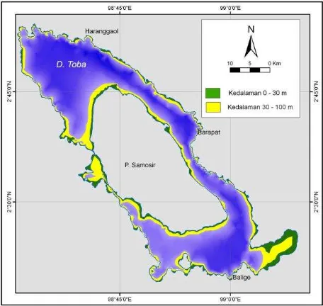 Gambar 4.  Wilayah danau dengan kedalaman (isodepth) 30 m dan 100 m (Lukman & Ridwansyah, 2010)  