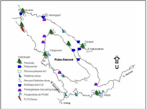 Gambar 5.   Peta Pemanfaatan Wilayah Perairan Danau Toba Saat ini dan Rencana (Sumber: Pengamatan di lapangan & Dirjen Penataan Ruang-PU, 2009)  