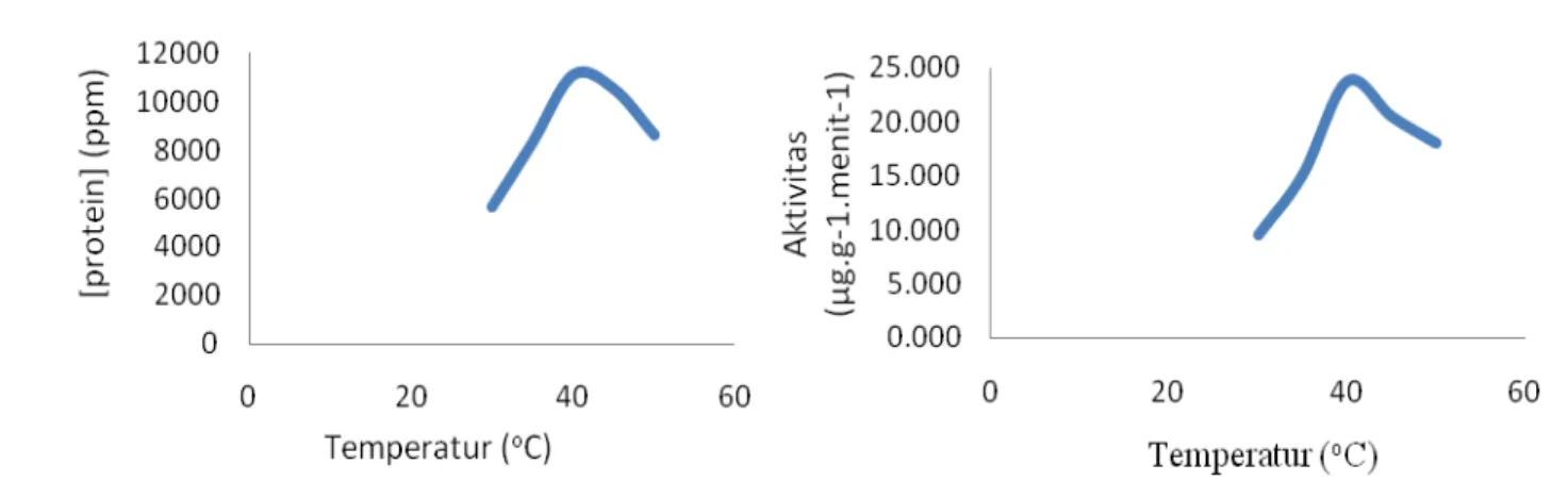 Gambar 2. Grafik kadar protein dan aktivitas pektinase hasil fermentasi pada variasi temperatur 