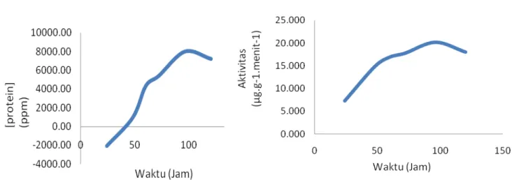 Gambar 3. Grafik kadar protein dan aktivitas pektinase hasil fermentasi pada variasi waktu 
