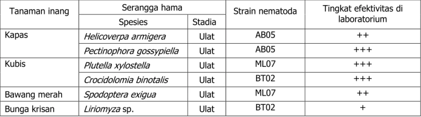 Tabel 1. Efektivitas beberapa isolat  Steinernema  spp. pada beberapa spesies serangga hama di laboratorium 
