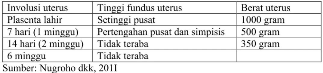 Tabel 11 Perubahan normal pada uterus selama masa nifas Involusi uterus Tinggi fundus uterus Berat uterus