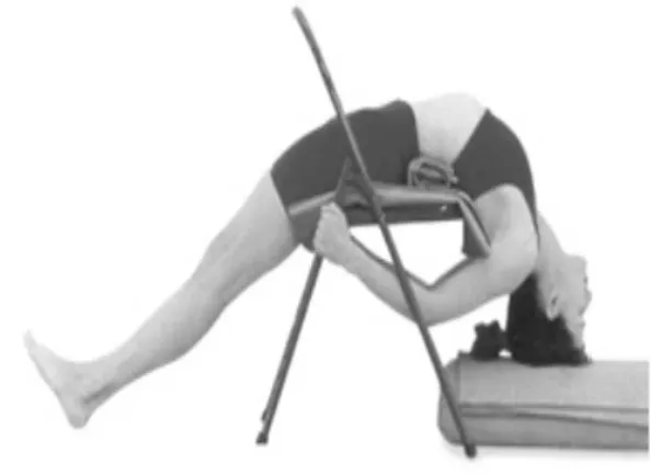 Gambar 2.5. Gerakan ini dilakukan pada  posisi duduk tegak dengan kaki kanan ditekuk  sehingga telapak kaki menyentuh lantai dan tumit  menyentuh bagian atas paha belakang, sedangkan  kaki kiri tetap dalam posisi lurus