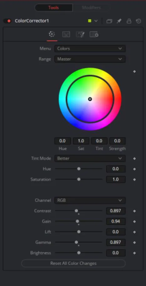 Gambar 3.8. Parameter node colorcorrector  (Dokumentasi Perusahaan) 