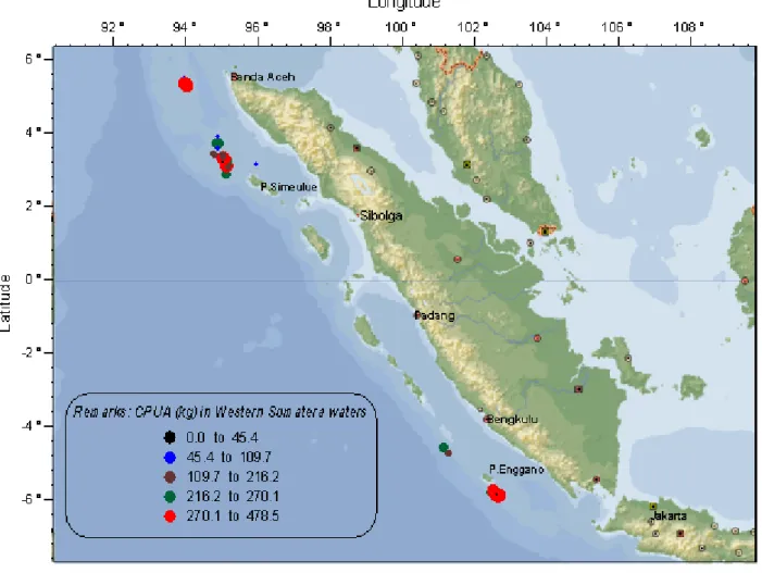 Gambar 5. Pola sebaran kepadatan stok ikan ekor tikus (Macrouridae) di perairan laut dalam sebelah barat Sumatera.
