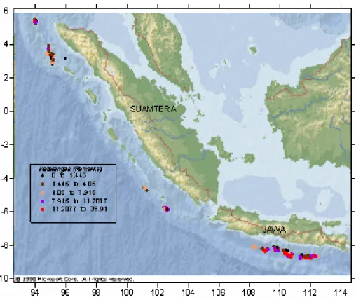 Gambar 2. Pola distribusi horisontal, laju tangkap ikan Macrouridae di perairan laut dalam zona ekonomi eksklusif Indonesia Samudera Hindia.