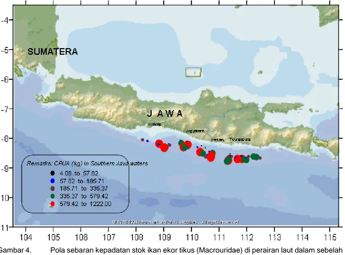 Gambar 4. Pola sebaran kepadatan stok ikan ekor tikus (Macrouridae) di perairan laut dalam sebelah selatan Jawa.