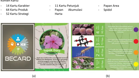 Gambar 5.2 (a) kartu strategi kategori serangan; kiri bagian belakang, kanan bagian depan: (b)kartu karakter kategori bioprospektor; kiri bagian belakang, kanan bagian depan