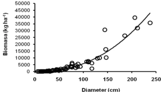 Gambar 2. Hubungan antara diameter pohon  dan biomasa tegakan (kg) berdasarkan diameter  batang (cm)