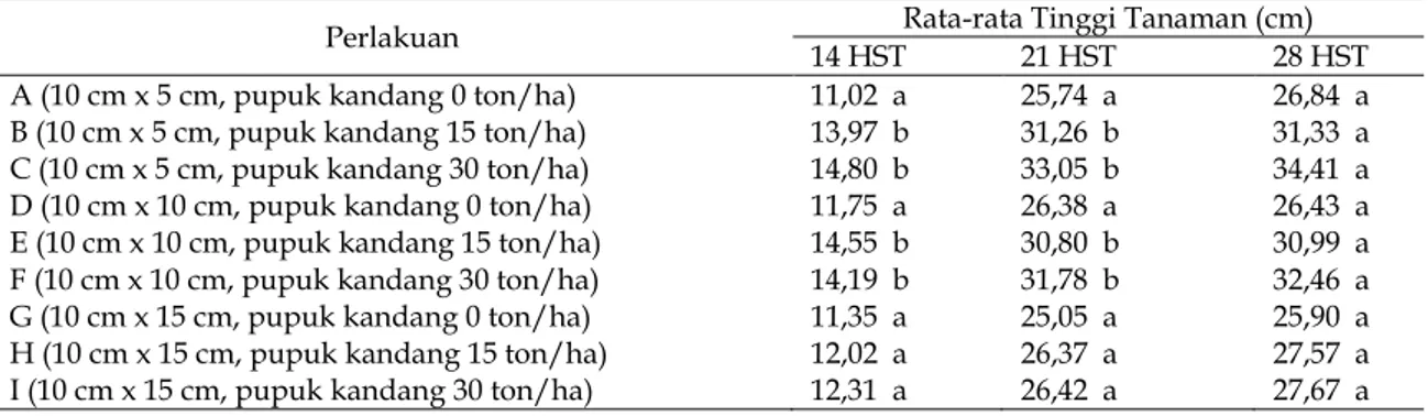 Tabel 1. Pengaruh Kombinasi Takaran Pupuk Kandang dan Jarak Tanam Terhadap Tinggi  Tanaman Pada Umur 14, 21, dan 28 HST 