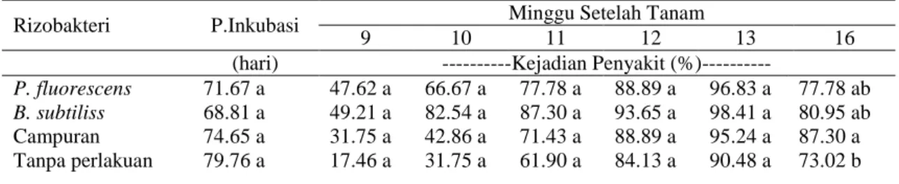 Tabel  5  menunjukkan  asosiasi  rizobakteri  campuran  dengan  tanaman  pisang  Rajabulu  pada  minggu  ke  16  menunjukkan  pengaruh  yang  nyata  terhadap  penurunan  gejala  keparahan penyakit (LS) sampai katagori ringan  (18.61%)  dibandingkan  dengan
