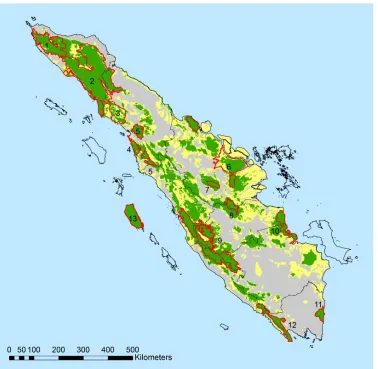 Gambar 2. Peta bentang alam prioritas TFCA‐Sumatera (polygon merah). Nomor merepresentasikan nama bentang alam prioritas.   