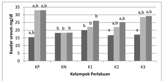 Gambar  1.  Rerata  kadar  ureum.  KP=  Kelompok  Kontrol  Positif  (Gentamisin  80  mg/kgbb),  KN=Kelompok  Kontrol  Negatif  (CMC),  K1=Kelompok  Perlakuan  1  (Ekstrak  daun  karamunting  dosis  600  mg/kgbb),  K2=  Kelompok  Perlakuan  2  (Ekstrak  dau