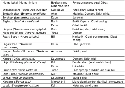Tabel 2.  Beberapa jenis tanaman berkayu pada budidaya lembo di Kalimantan yang memiliki khasiat sebagai obat dan dimanfaatkan oleh masyarakat lokal 