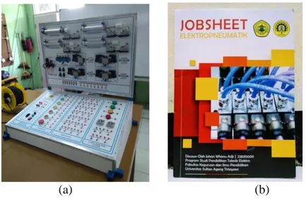 Gambar 3. (a) trainer kit elektropneumatik, (b) jobsheet elektropneumatik 