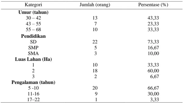 Tabel  3  Kategori  karakteristik  petani  di  Desa  Sirah  Pulau  Padang,  Kabupaten  Ogan Komering Ilir 