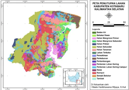 Gambar 6. Peta penutupan lahan hasil digitasi pada citra Landsat 8 tahun 2015 di Kabupaten Kotabaru 