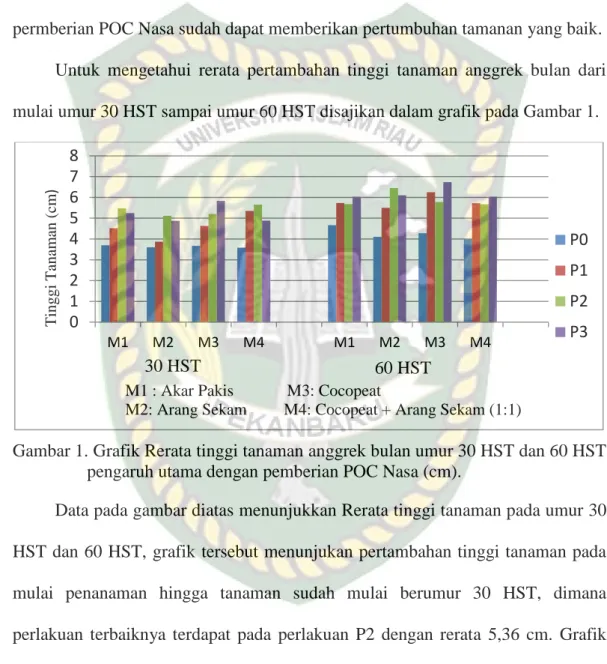 Gambar 1. Grafik Rerata tinggi tanaman anggrek bulan umur 30 HST dan 60 HST  pengaruh utama dengan pemberian POC Nasa (cm)