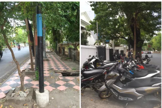 Gambar 1. Kondisi Jalur Pedestrian di Jalan Jend. Sudirman Kota Makassar. Jalur terhalang oleh tiang listrik,  pohon, dan lubang bekas galian (kiri); Jalur terhalang oleh parkiran (kanan)  