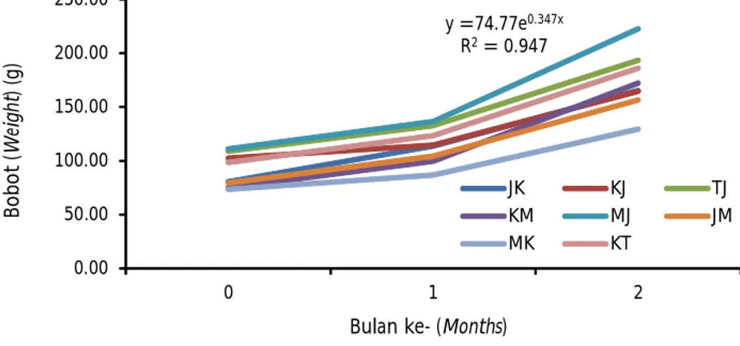 Gambar 1. Pertumbuhan delapan hibrida ikan gurami. Benih ikan gurami hasil persilangan  (JK;  JM;  KJ;  KM;  K T;  MJ;  MK;  TJ)
